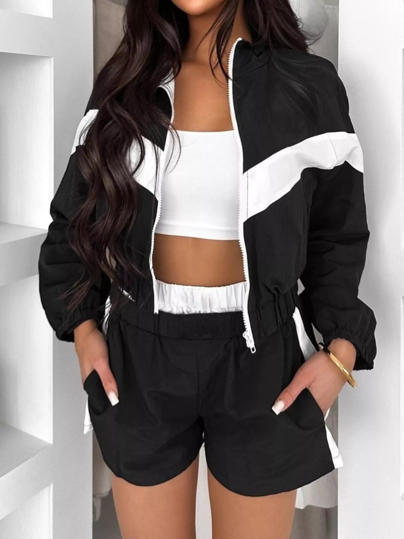 Color Block Zip-Up Jacket and Shorts Two-Piece Set Secondary image