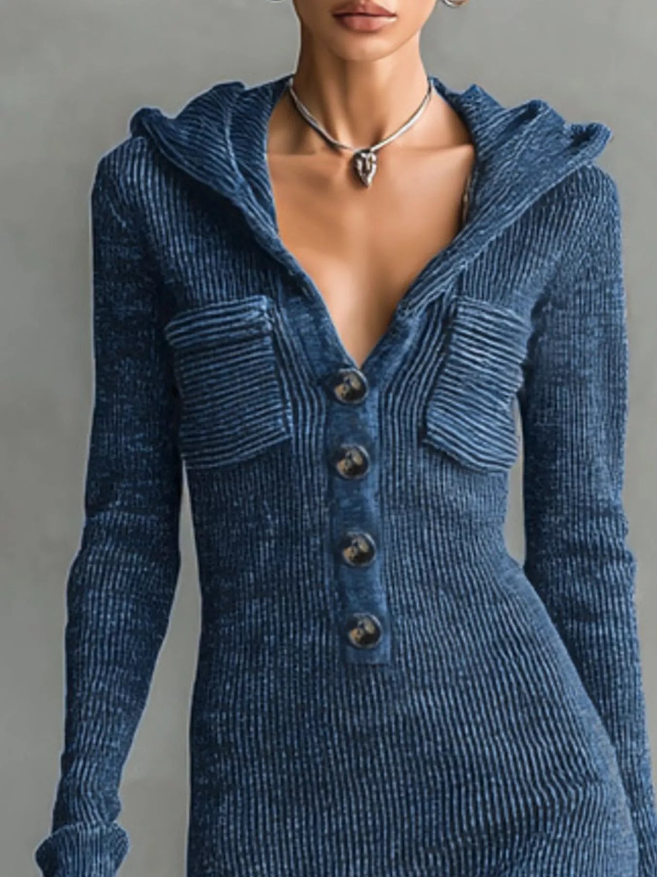 Hooded Knit Maxi Dress with Button-Up Placket and Chest Pockets Secondary image
