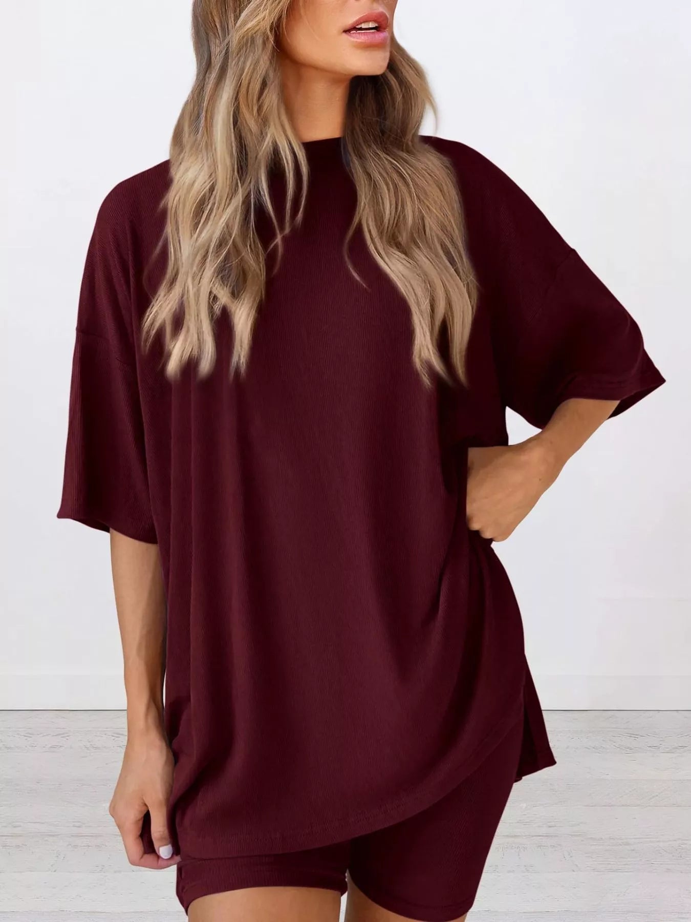 Full Size Relaxed Fit Round Neck Top and Shorts Two-Piece Set Plus Size Secondary image