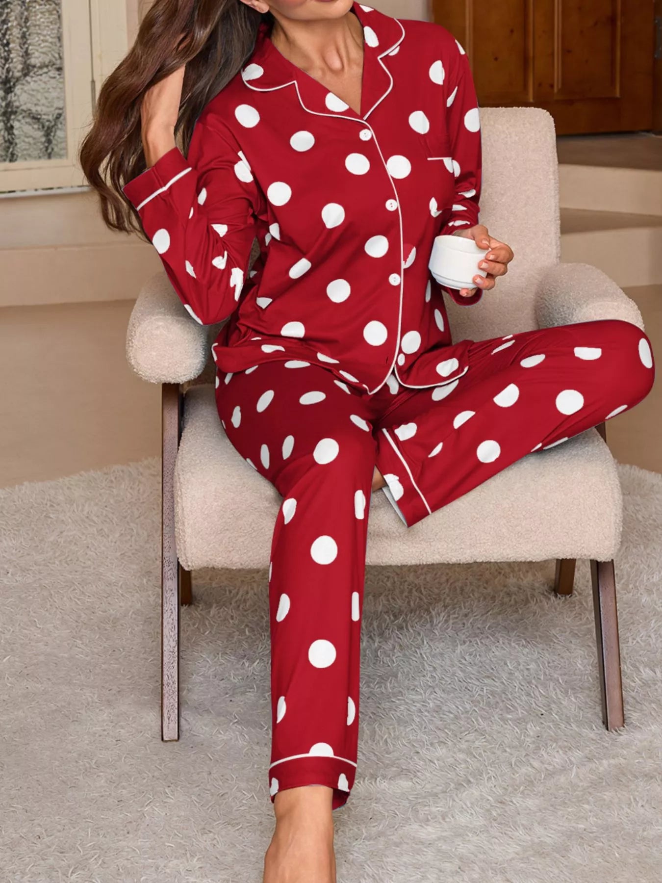 Polka Dot Button-Down Top and Pants Lounge Set Secondary image