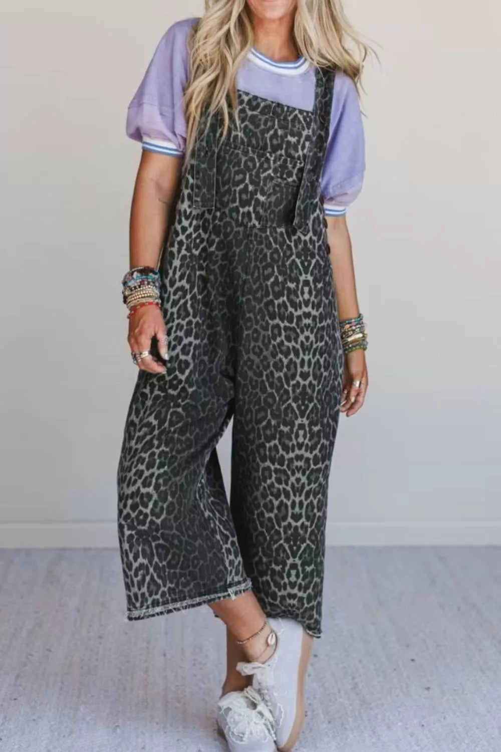Leopard Print Button Adjustable Straps Cropped Loose Denim Overalls Secondary image