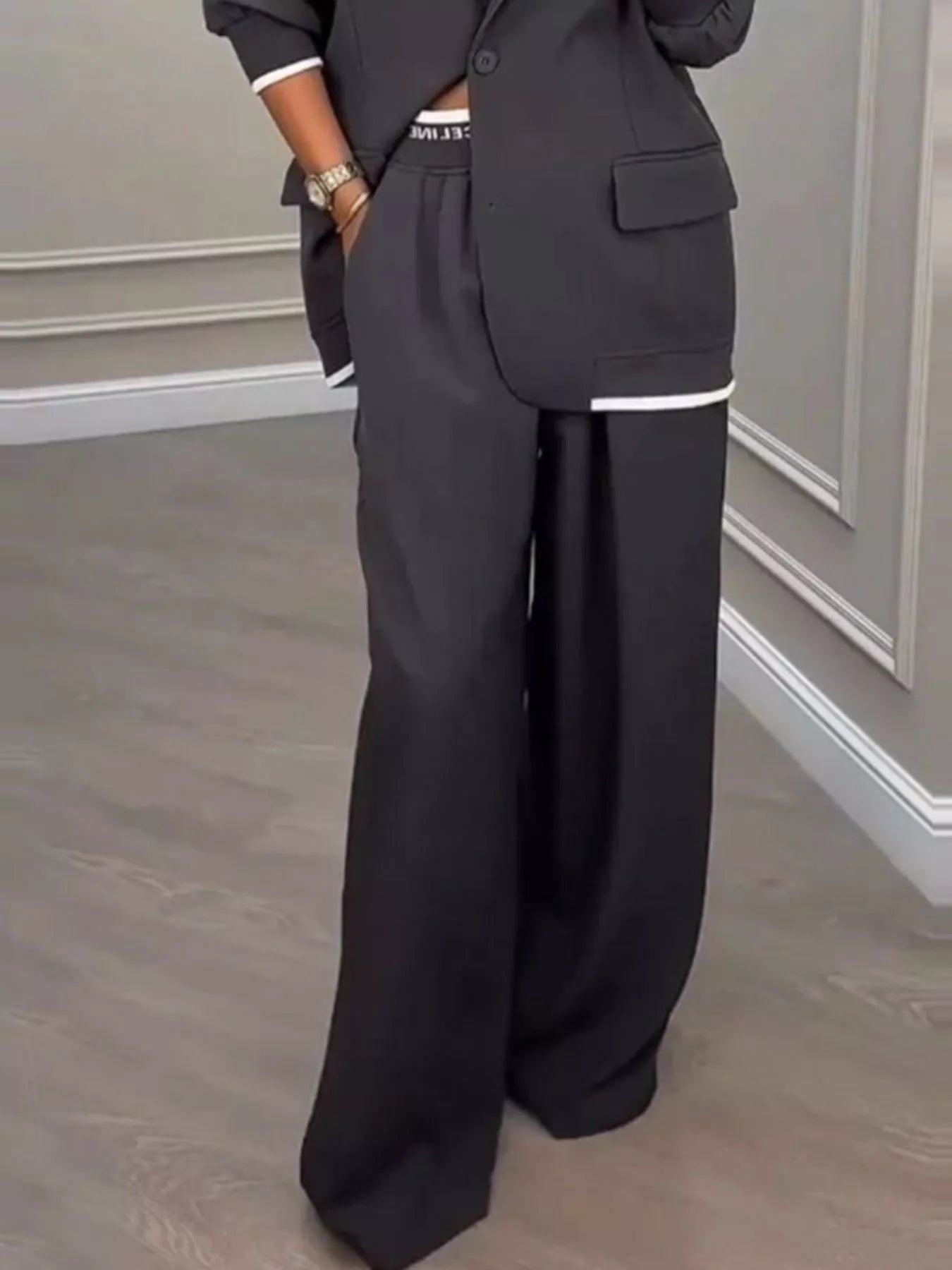 Full Size One Button Blazer & Wide Leg Pants Set Plus Size Secondary image
