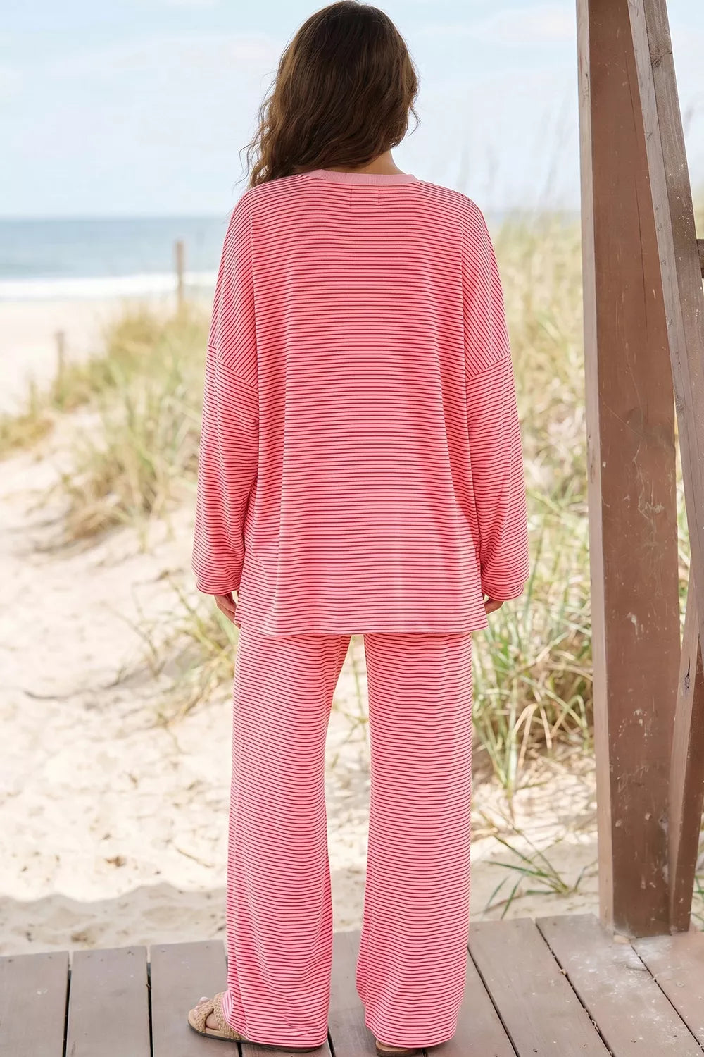Striped Drop Shoulder Long Sleeve Top and Pants Set Secondary image