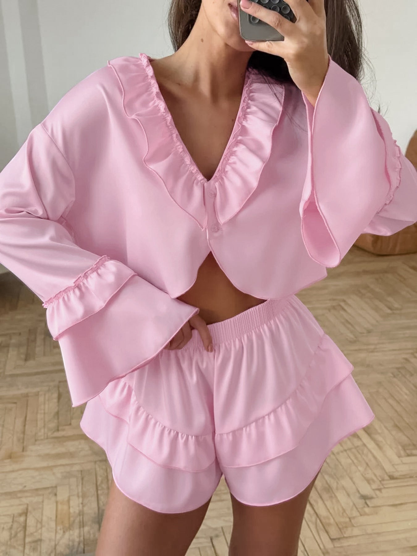 Ruffled V-Neck Top and Shorts Set Secondary image