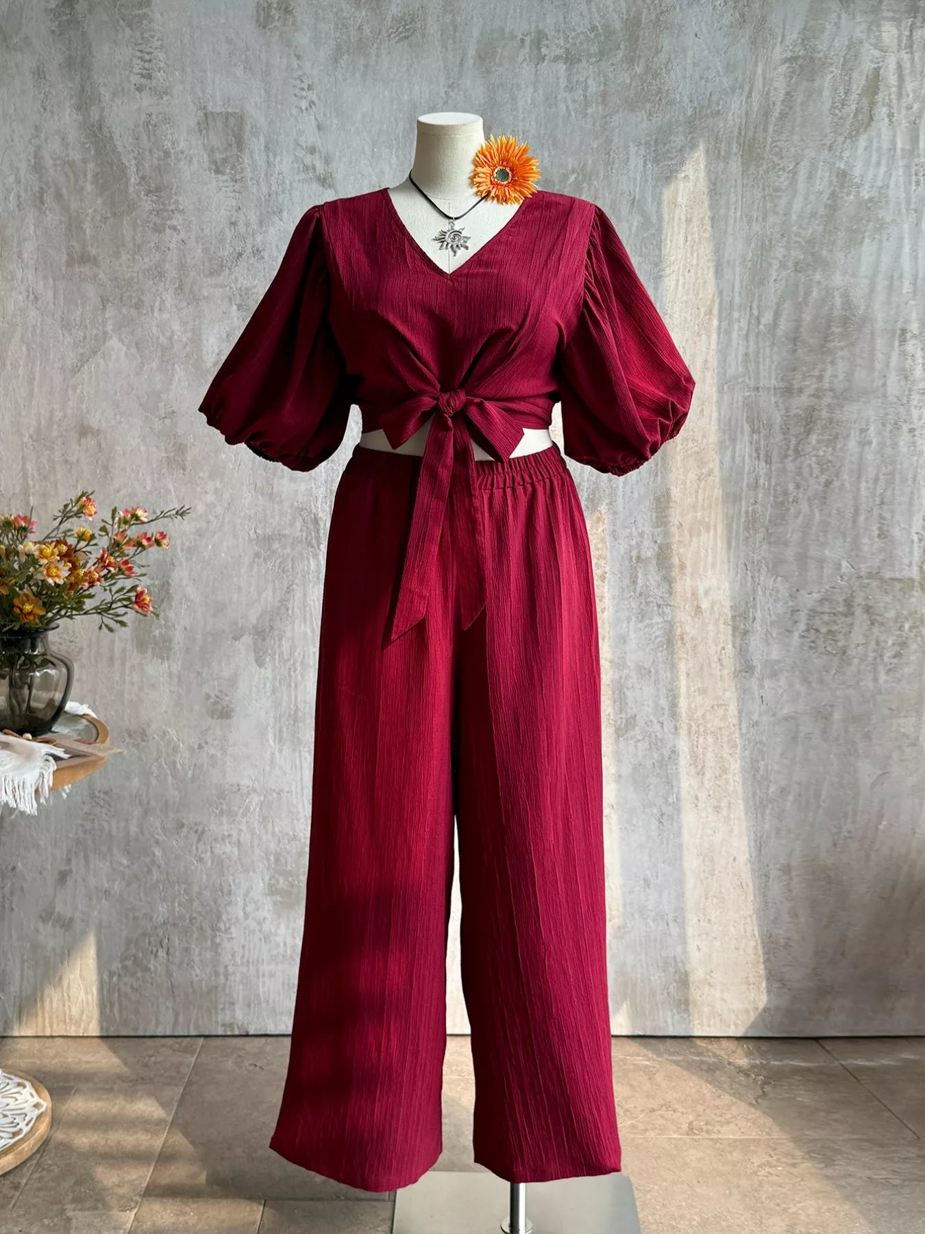 Plus Size Tie-Front Puff Sleeve Top and Wide-Leg Pants Set Secondary image