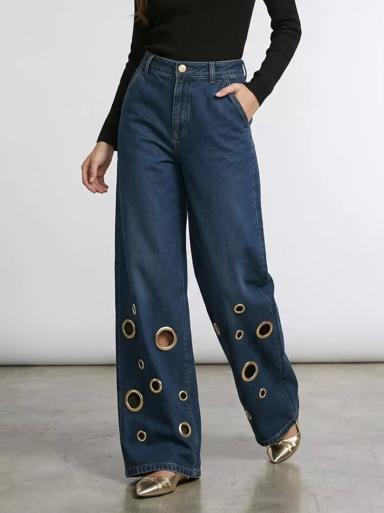 Wide Leg Jeans with Eyelet Details Secondary image