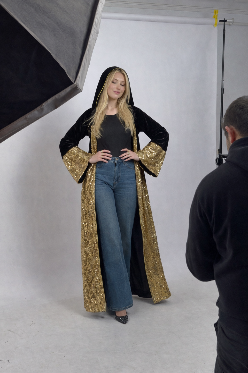 Royal Noir 2-Piece Velvet Kaftan with Gold Sequin Belt