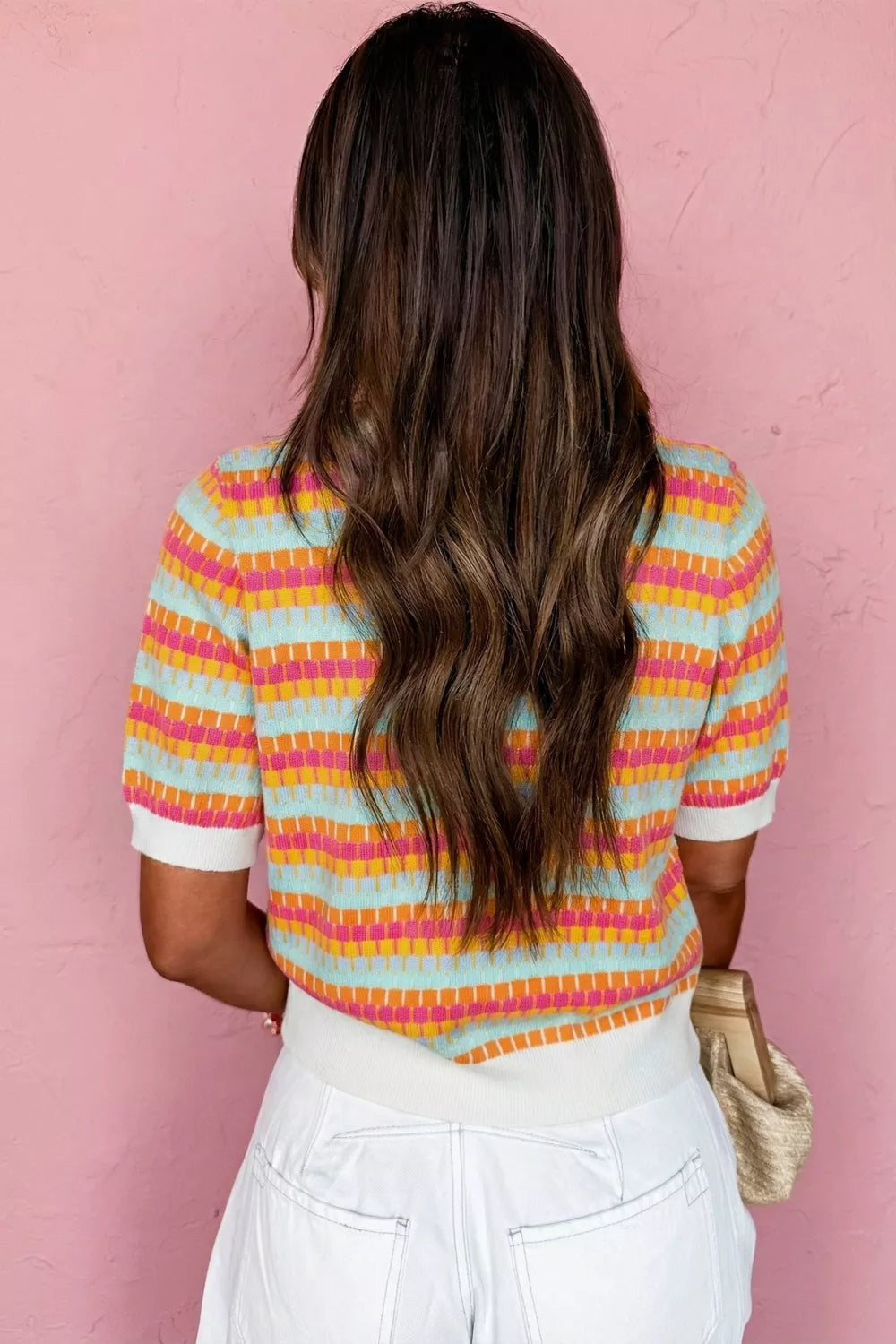 Abstract Striped Knit Short Sleeve Sweater Secondary image