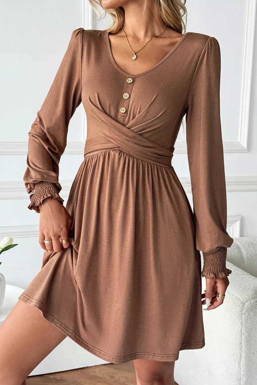 Shirred Cuff Long Sleeve Button Round Neck Mini Dress Secondary image