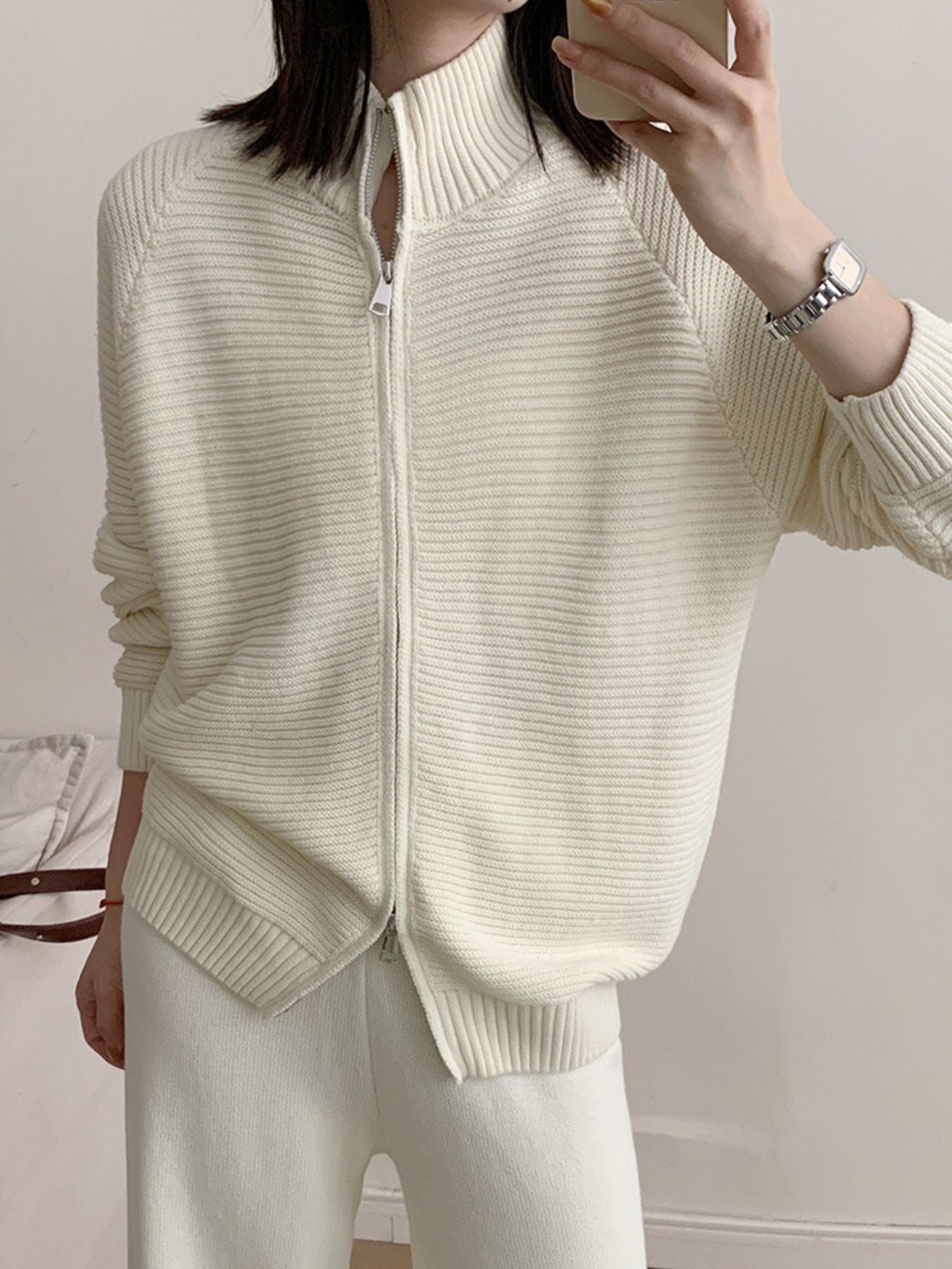 Casual Knit Zip-Up Cardigan and Wide-Leg Pants Set Secondary image