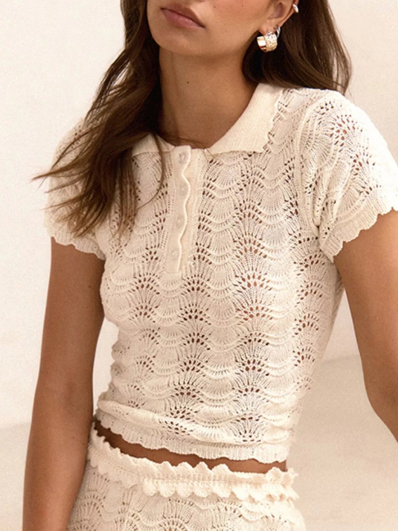 Openwork Crochet Knit Polo Top and Shorts Set Secondary image