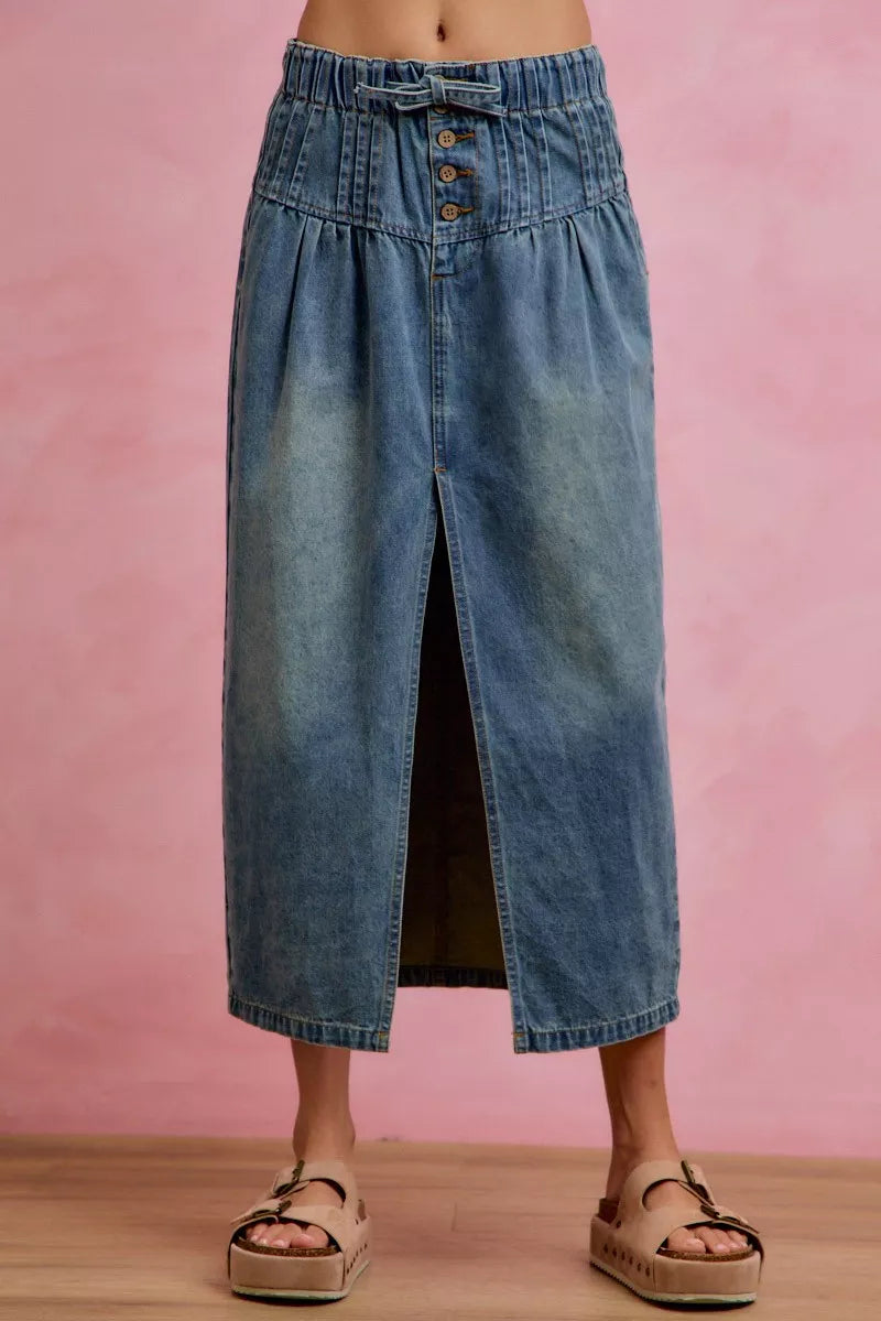 SO ME Pleated Washed Denim Skirt With Front Slit Secondary image