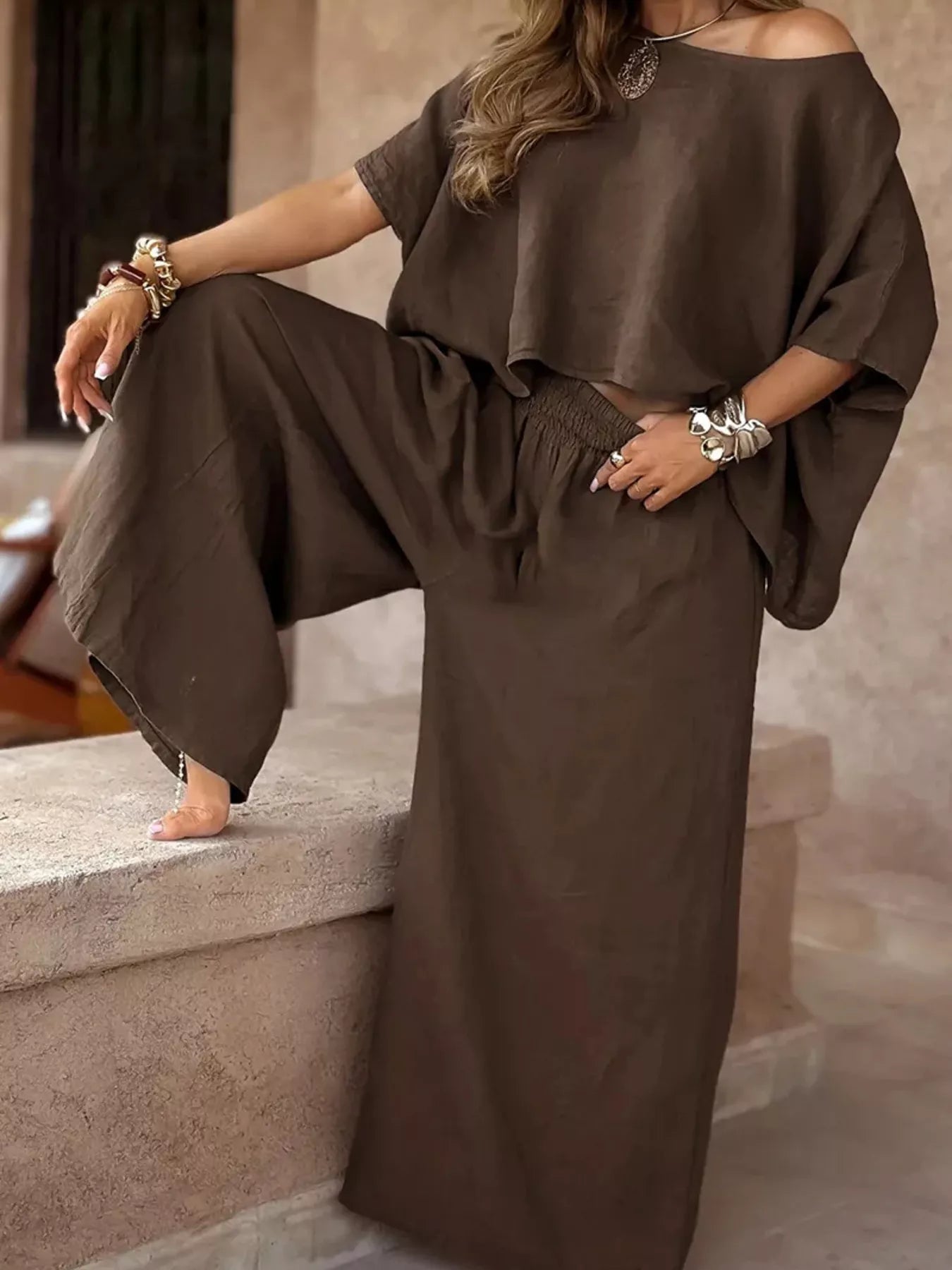 Full Size Boat Neck Top and Wide Leg Pants Set Plus Size Secondary image