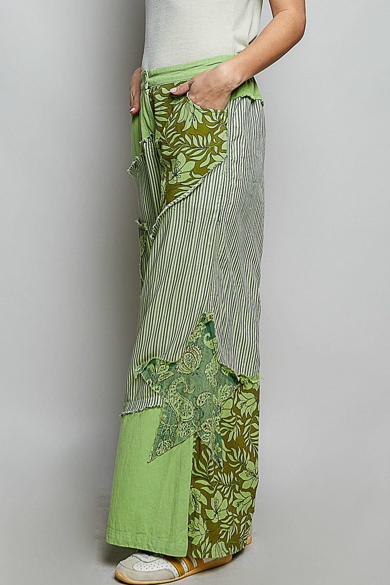 POL Striped Floral Patchwork Wide leg Pants with Side Big Star Patch Secondary image