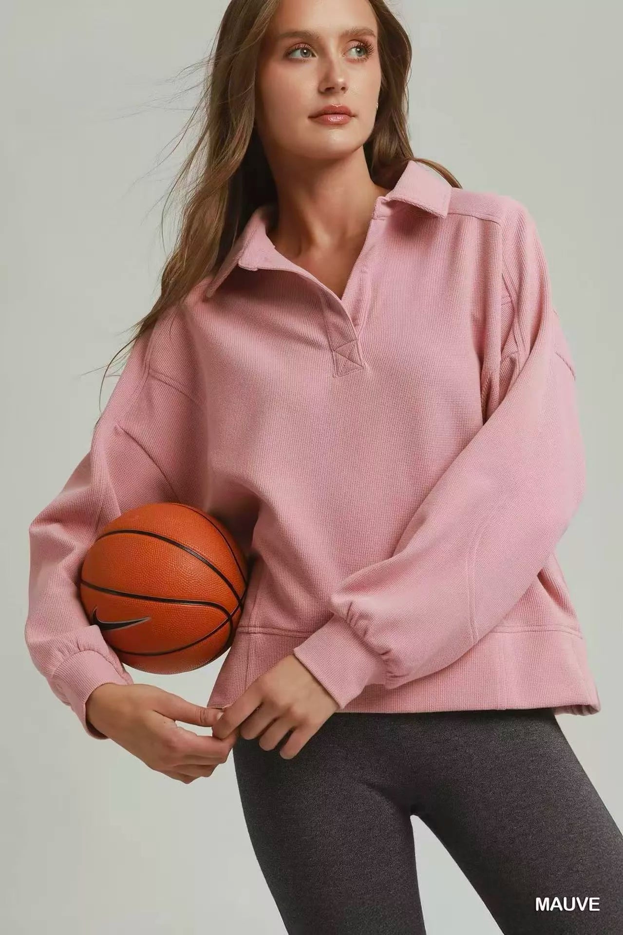 Umgee Brushed Waffle Polo Collared Pullover Secondary image