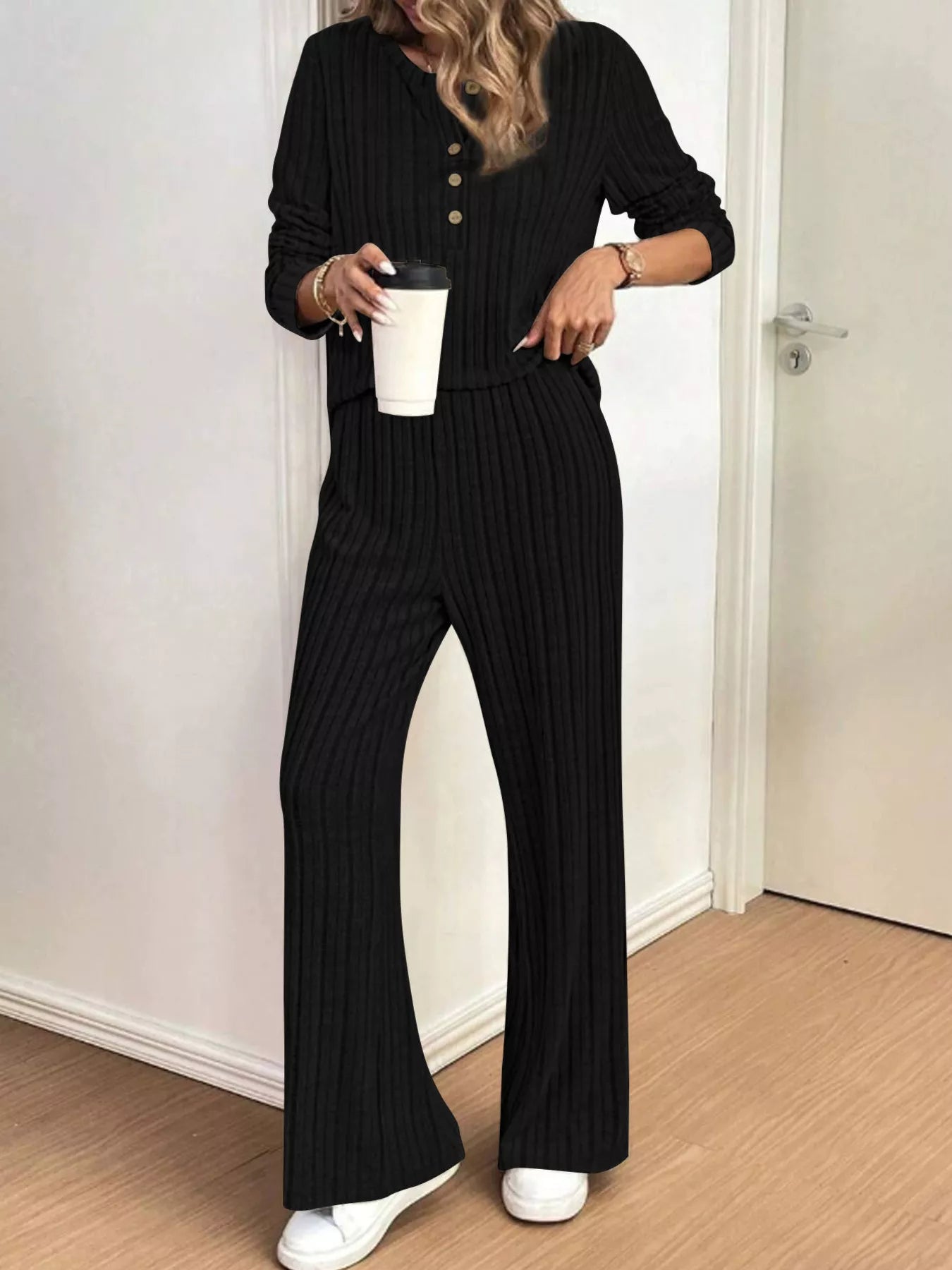 Plus Size Ribbed Knit Button-Front Top and Pants Set Secondary image