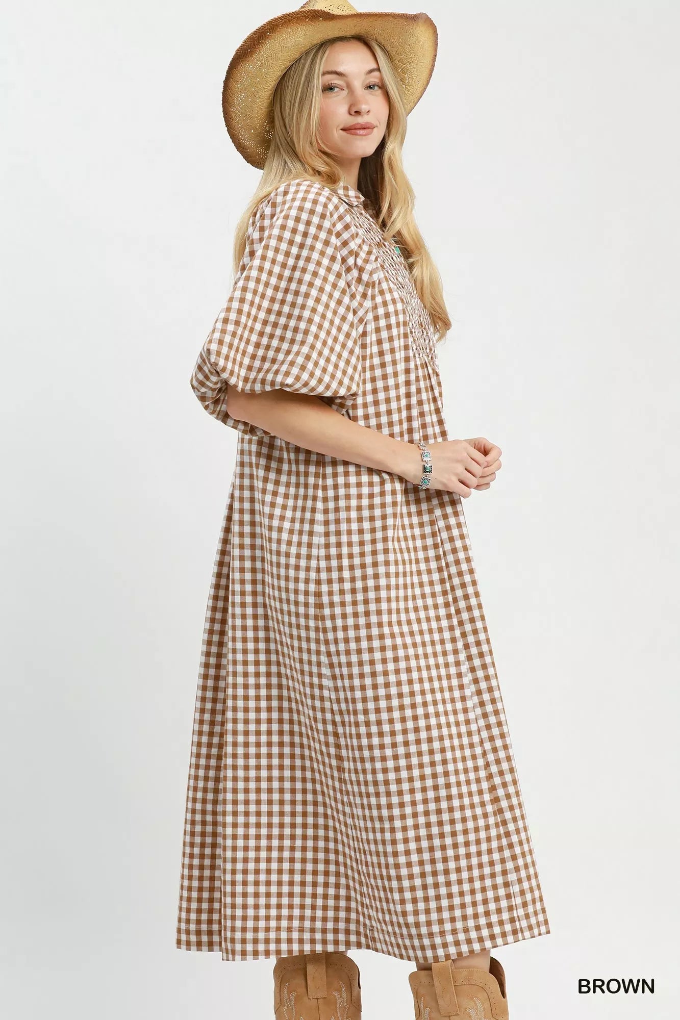 Umgee Puff Sleeve Plaid Midi Dress Secondary image
