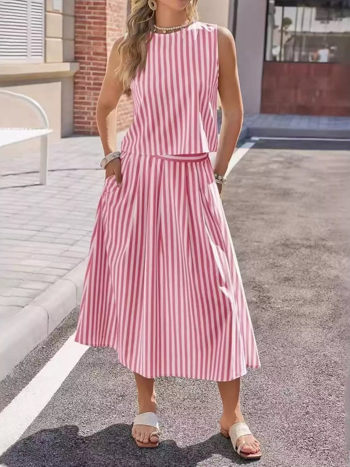 Striped Sleeveless Top and Midi Skirt Two-Piece Set - photo 1