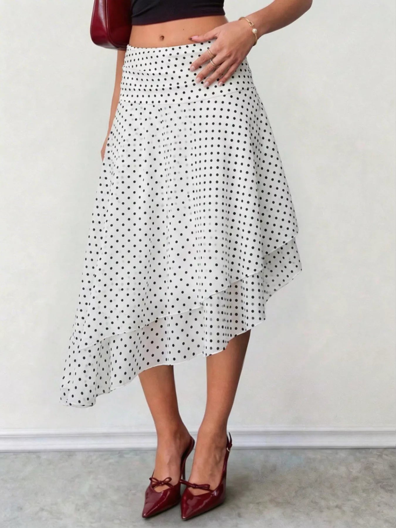 Polka Dot Asymmetrical Hem Midi Skirt Secondary image