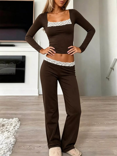 Long Sleeve Lace Trim Crop Top and Wide Leg Pants Set
