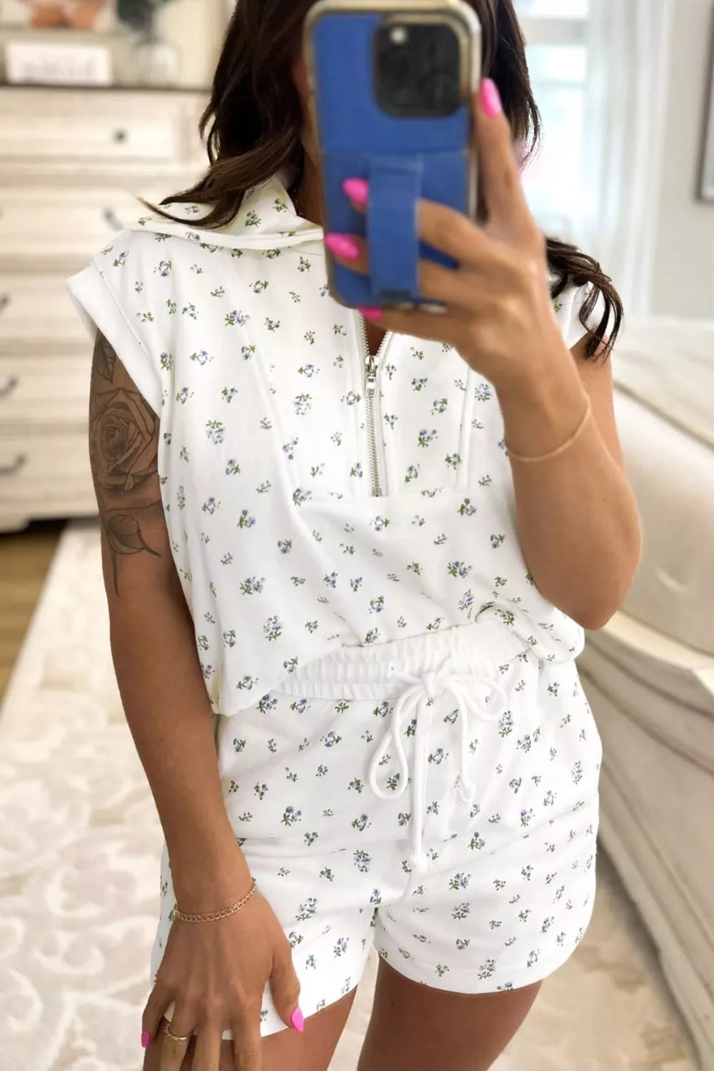 Floral Print Half Zip Top Matching Short Set Secondary image