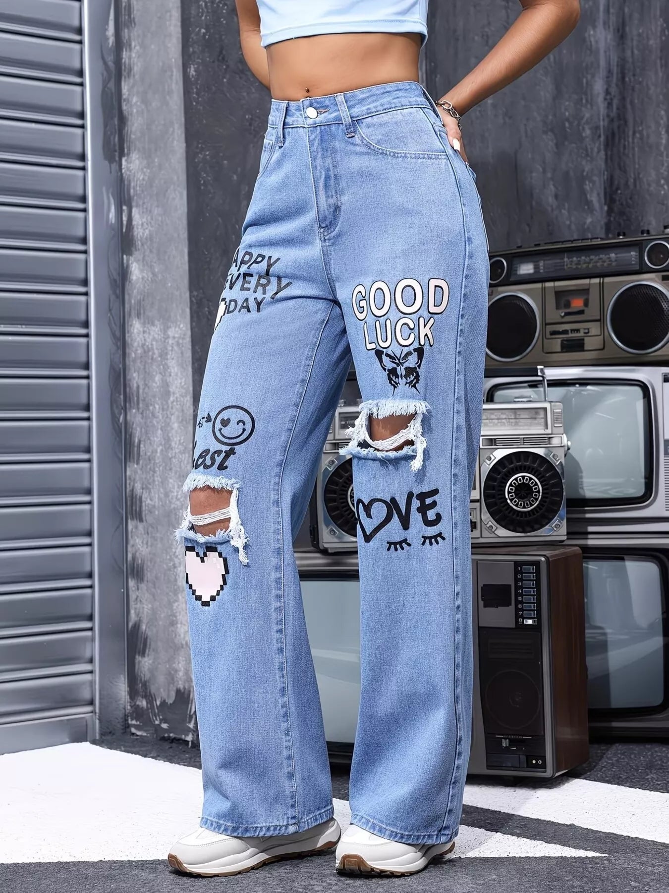 Distressed Printed Wide Leg Jeans Secondary image