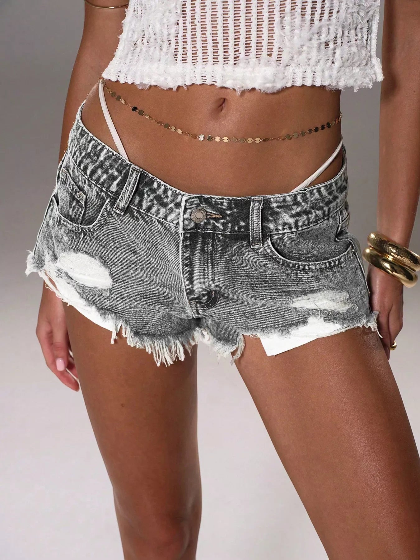 Distressed Acid Wash Denim Shorts Secondary image