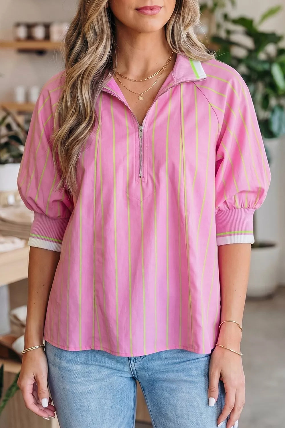 Stripe Striped V-Neck Half Sleeve Zipper Ribbed Cuff Casual Shift Blouse Secondary image