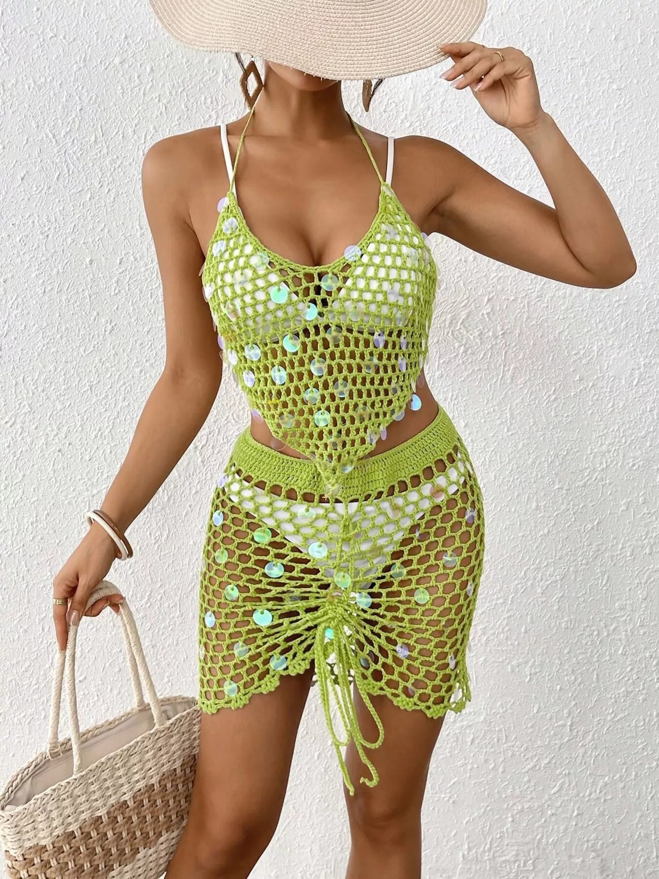 Halter Neck Crochet Knit Top and Skirt Cover Up Set Secondary image