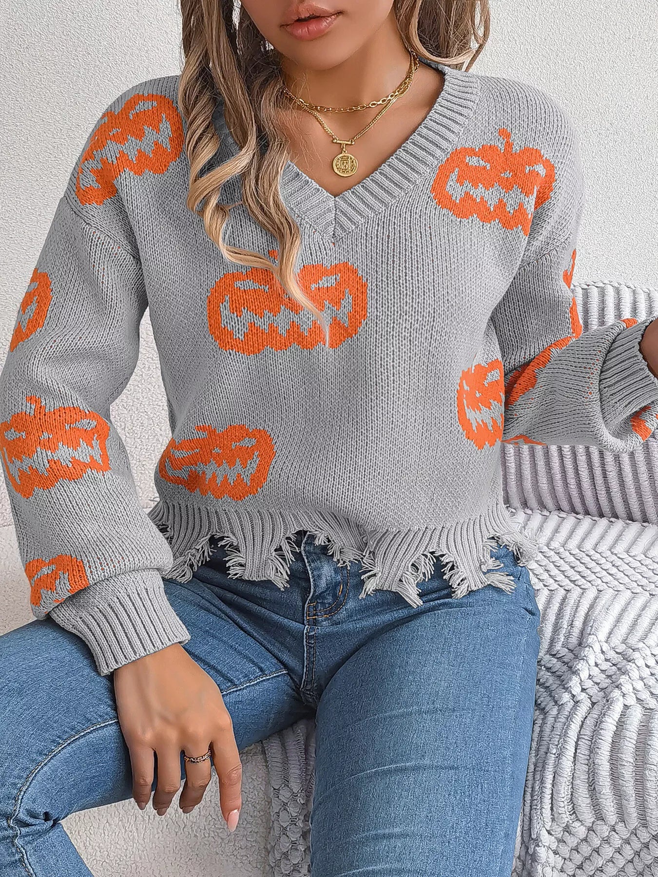 Pumpkin Distressed Hem Sweater Secondary image