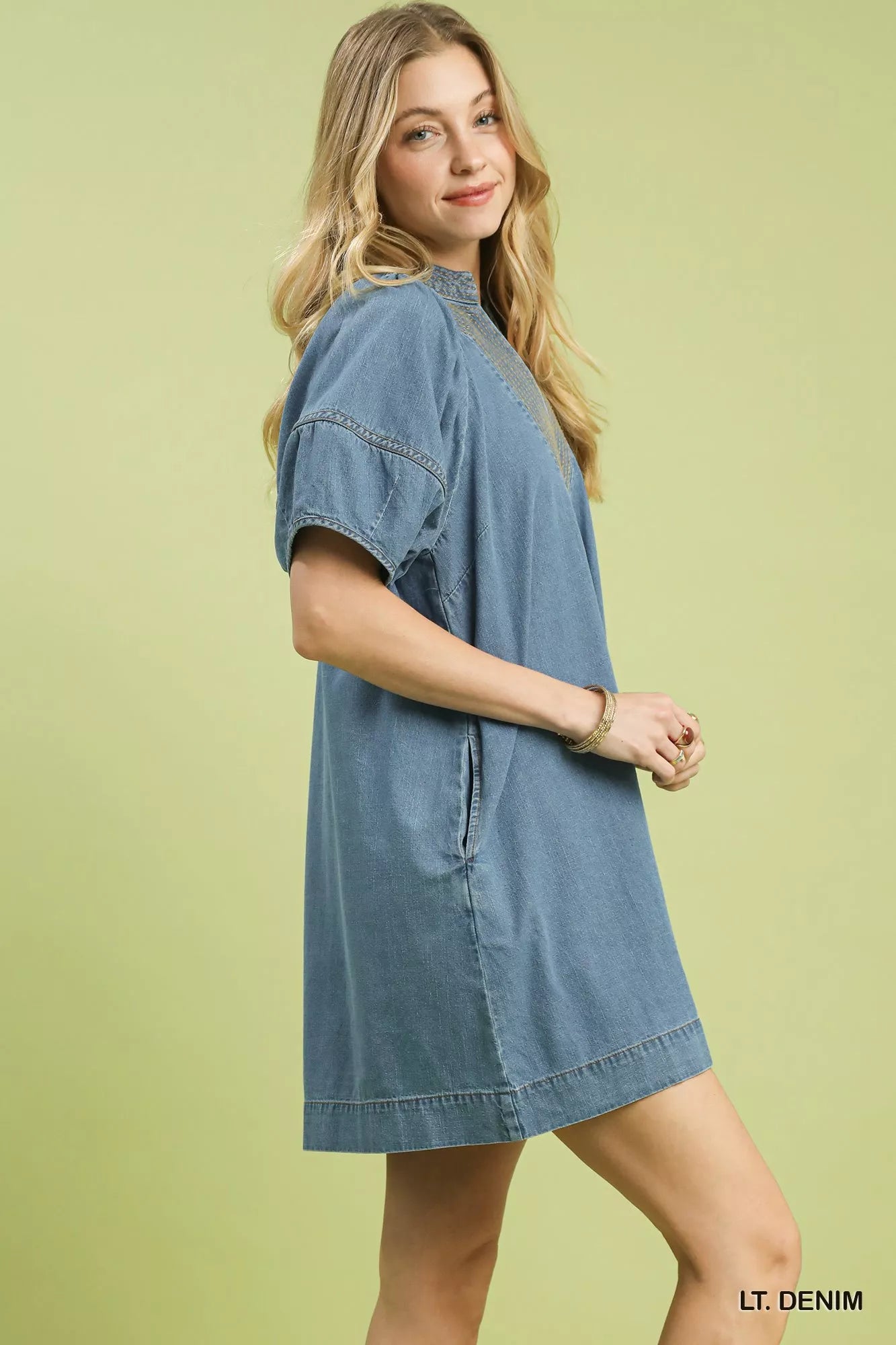 Umgee Denim Mini Dress with Contrast Thread Secondary image