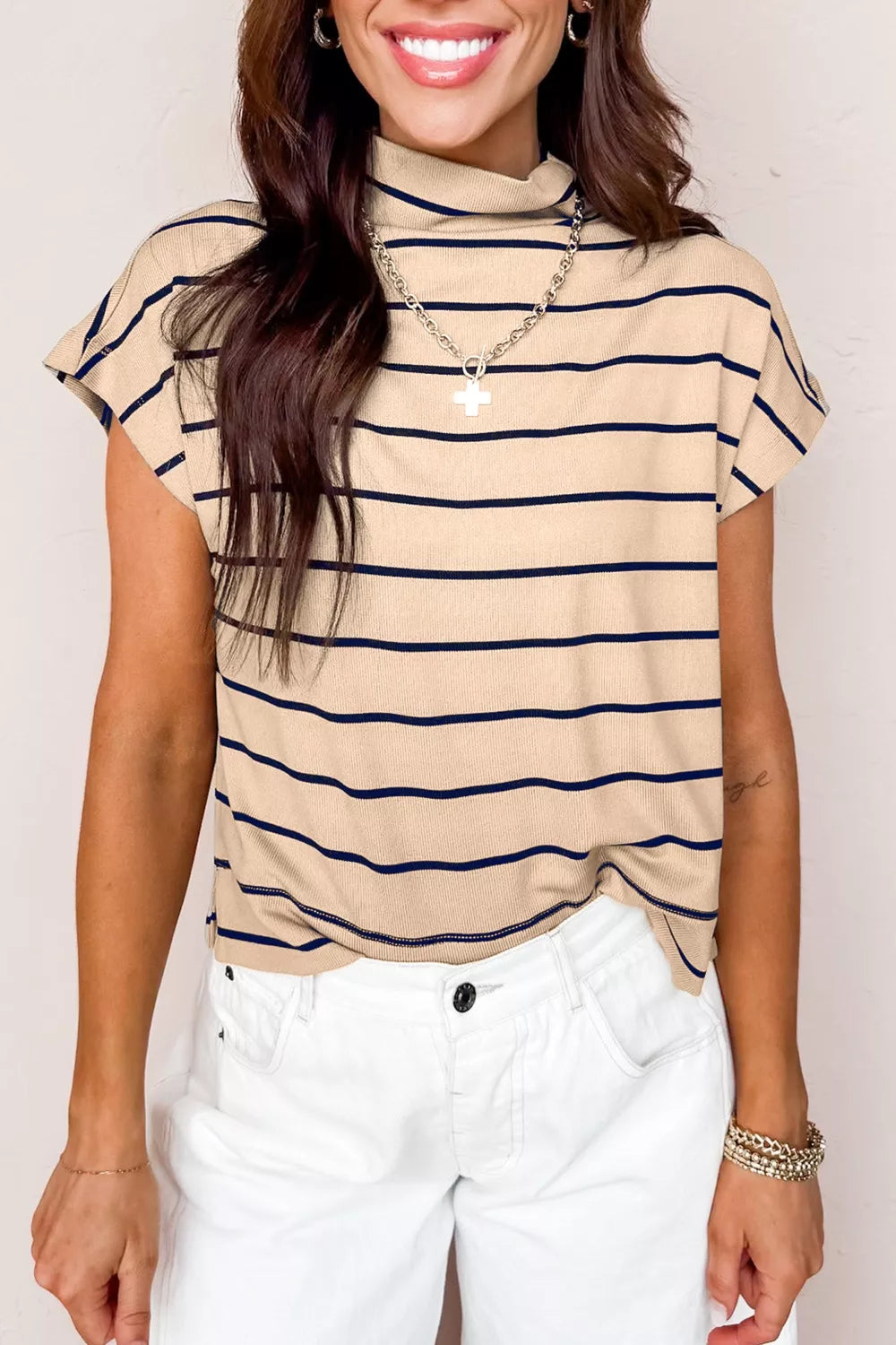 Stripe Mock Neck Short Sleeve Loose Top Secondary image