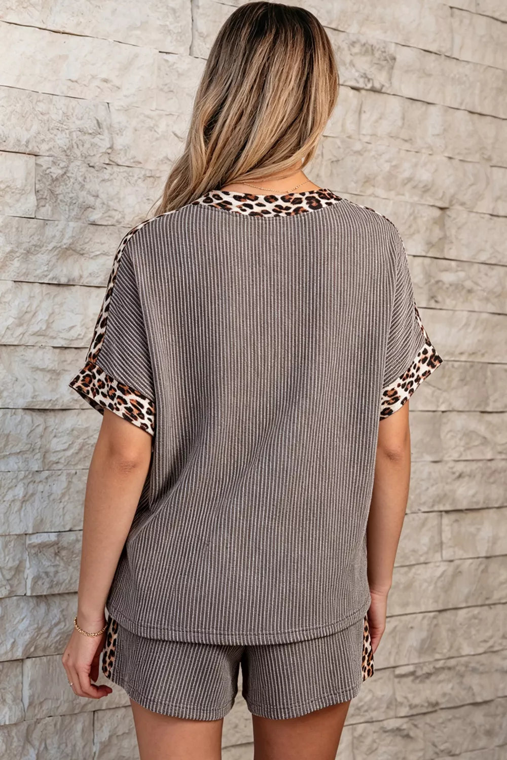 Leopard Trim Ribbed Knit Tee and Shorts Set Secondary image