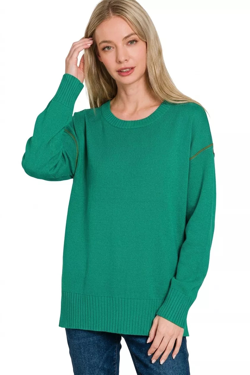 Zenana Round Neck Contrast Trim Sweater Secondary image
