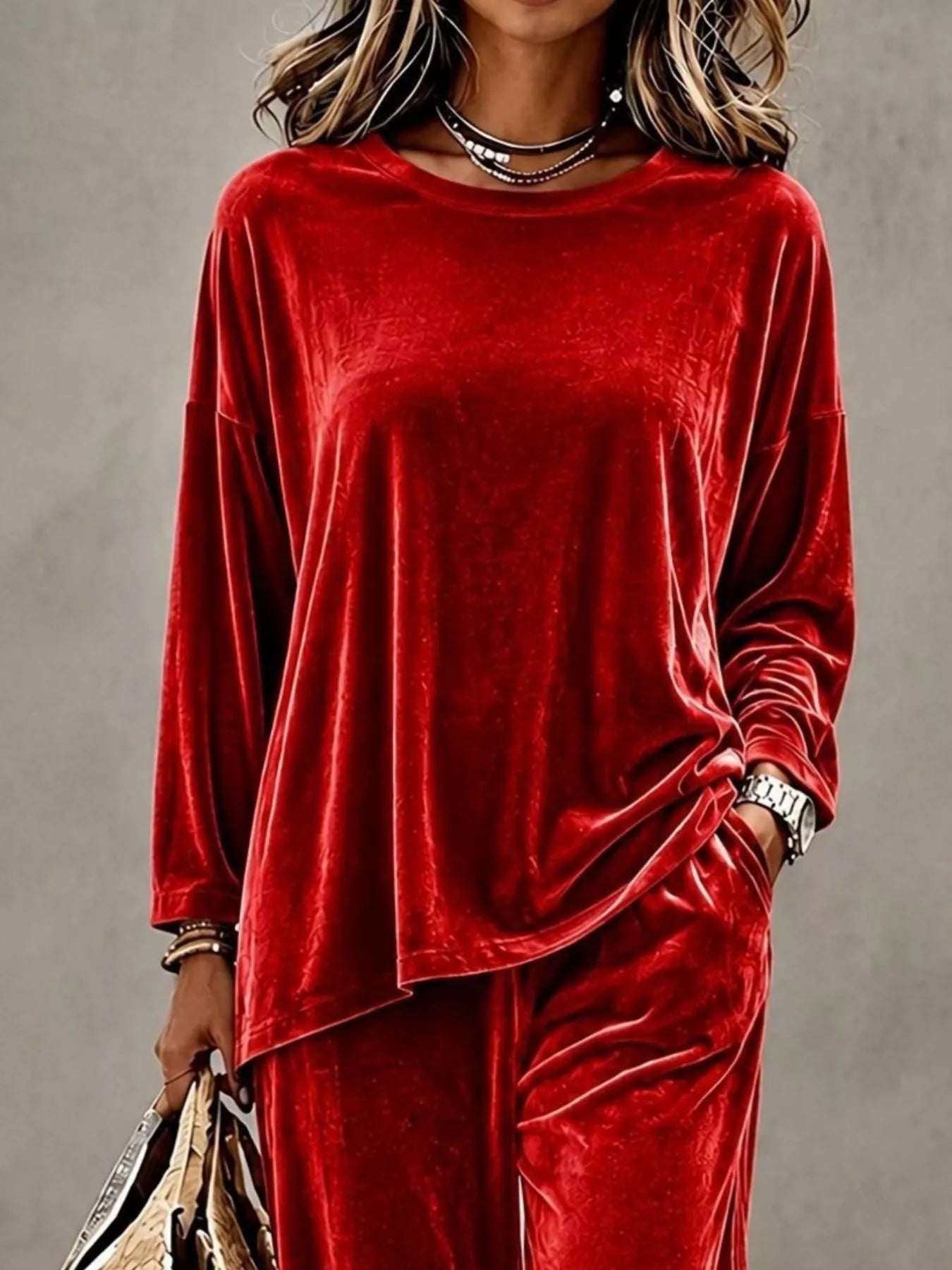 Full Size Velvet Long Sleeve Top and Pants Set Plus Size Secondary image