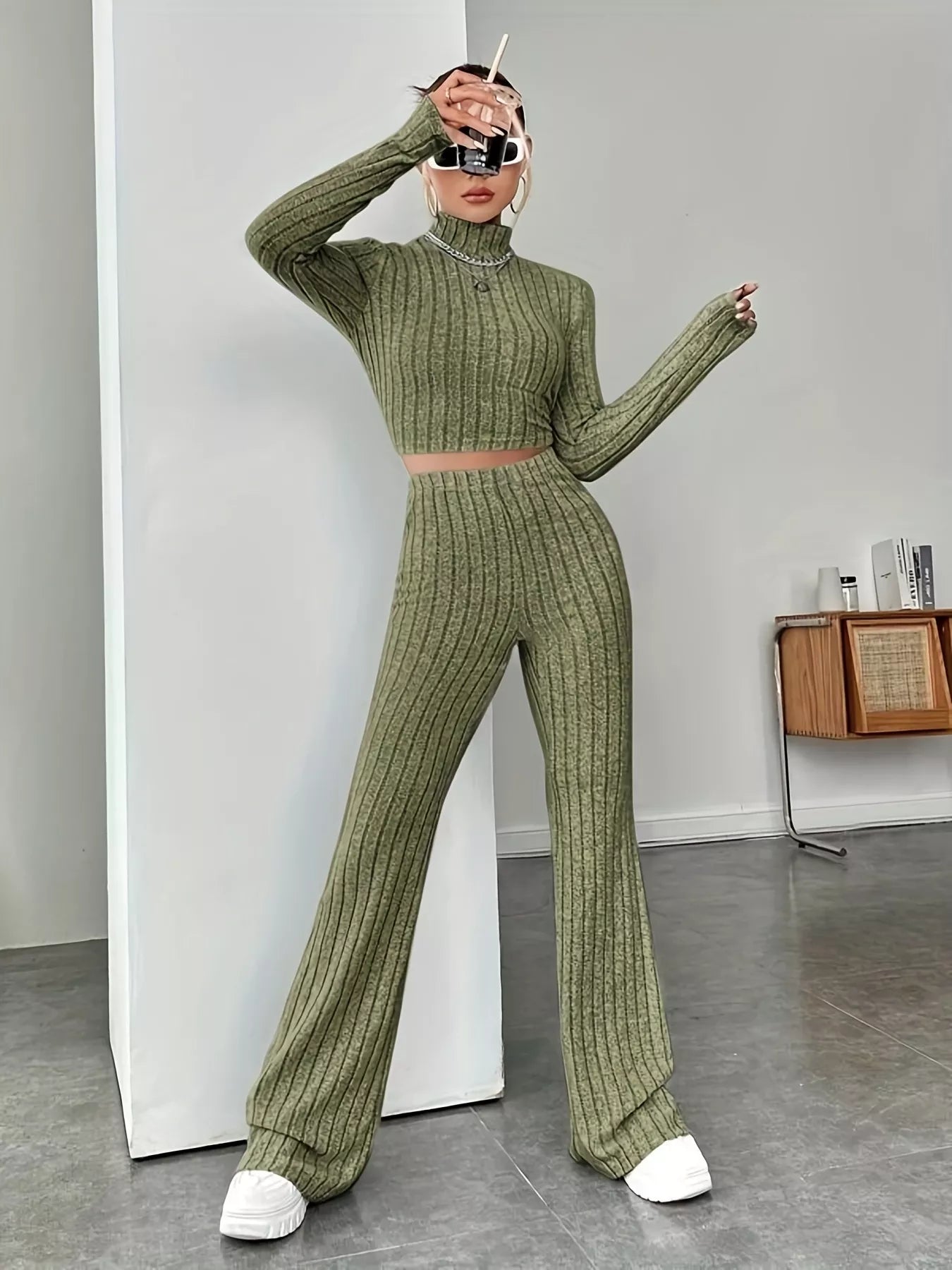 Ribbed Turtleneck Crop Top and Flare Pants Sweater Set Secondary image