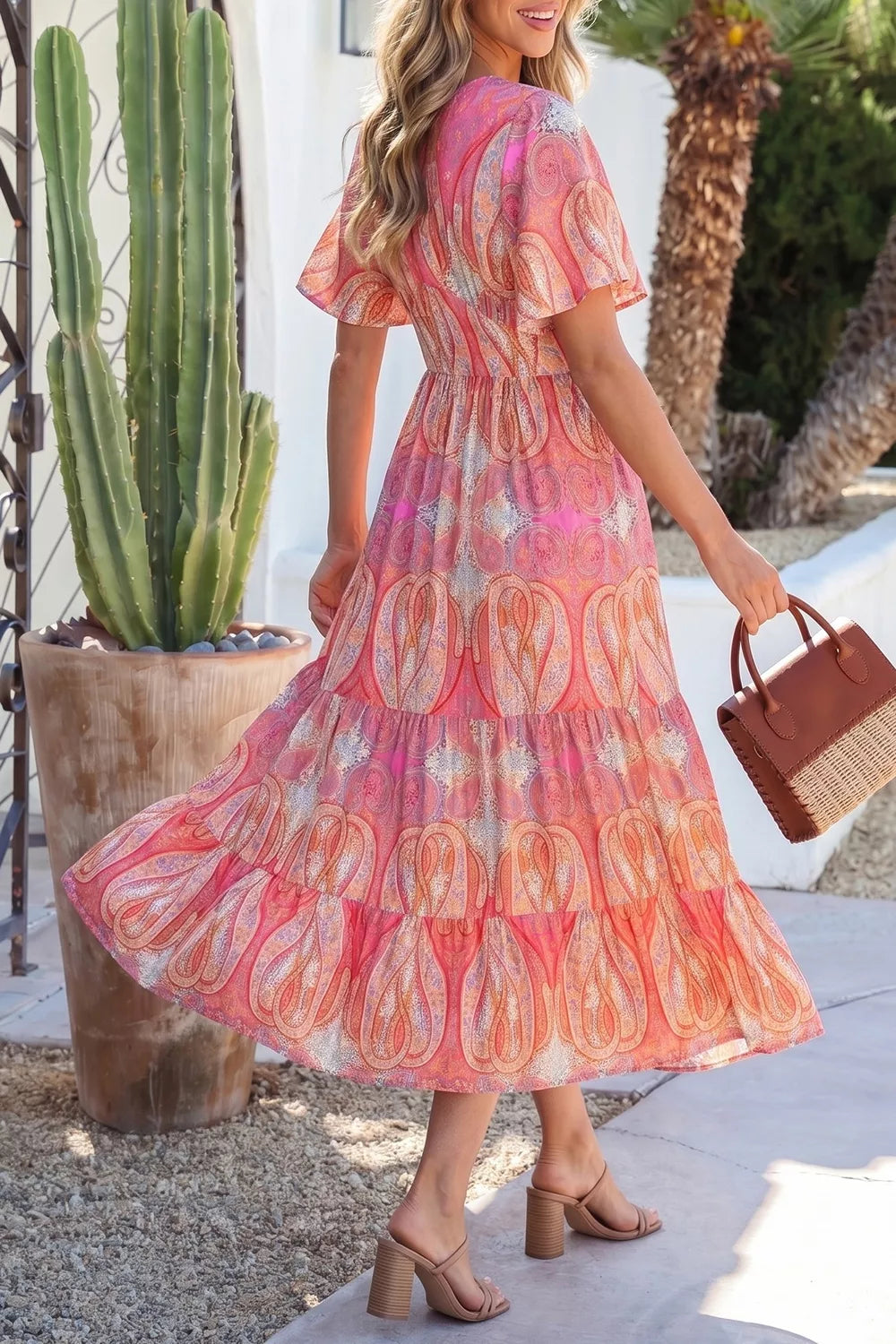 Paisley Print V-Neck Short Sleeve Boho Dress with Ruffle Details Secondary image
