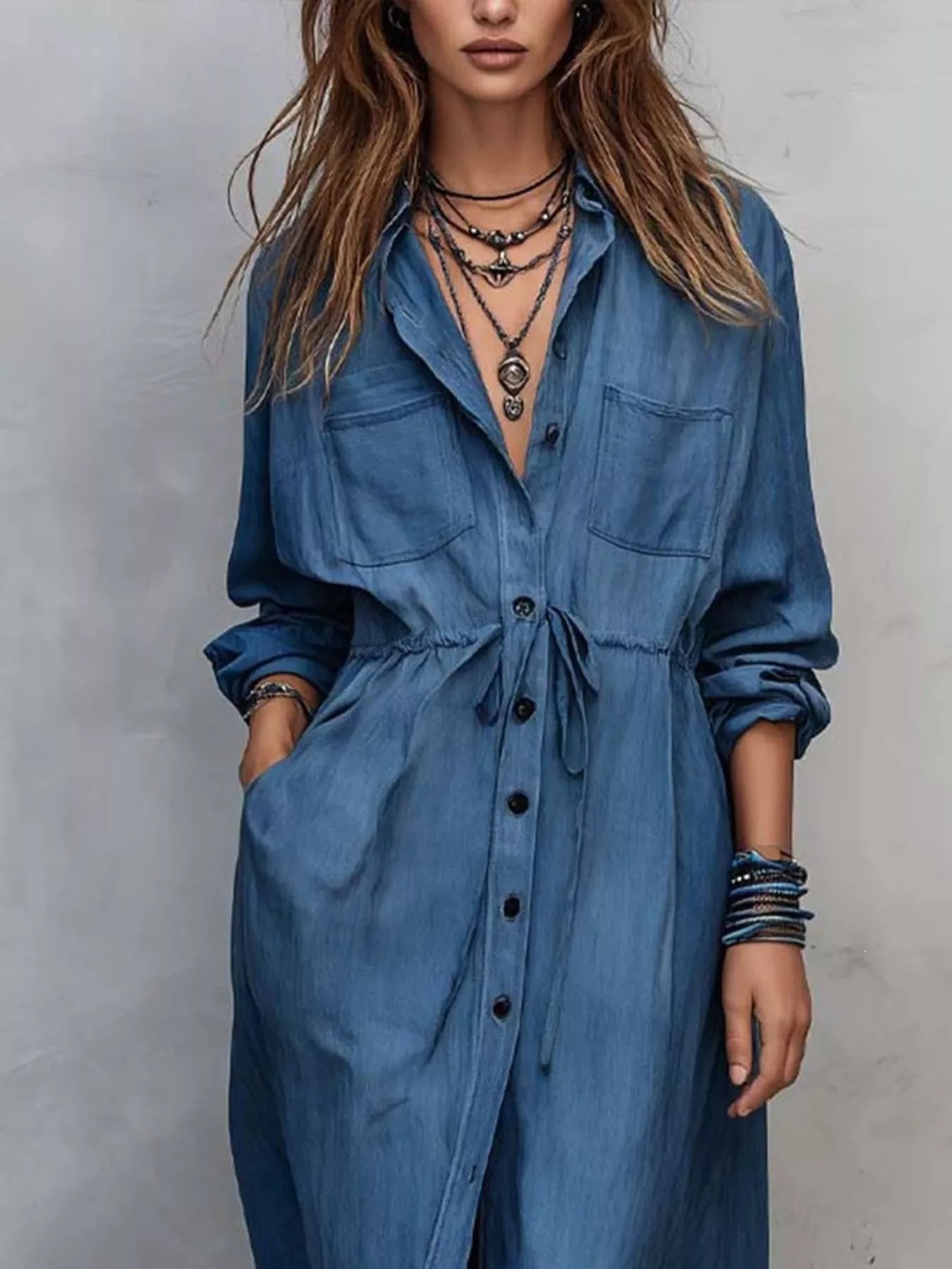 Full Size Button Front Long Sleeve Shirt Dress Plus Size Secondary image