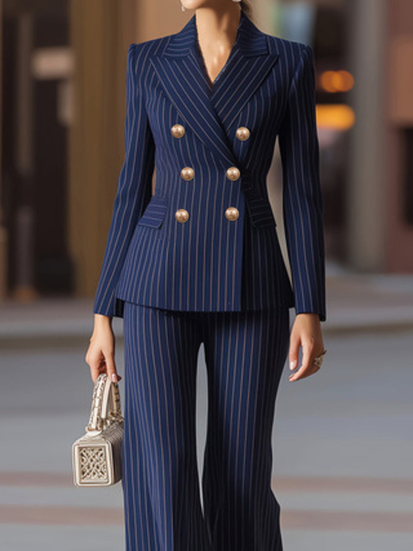 Striped Double-Breasted Blazer & Wide Leg Pants Set Secondary image