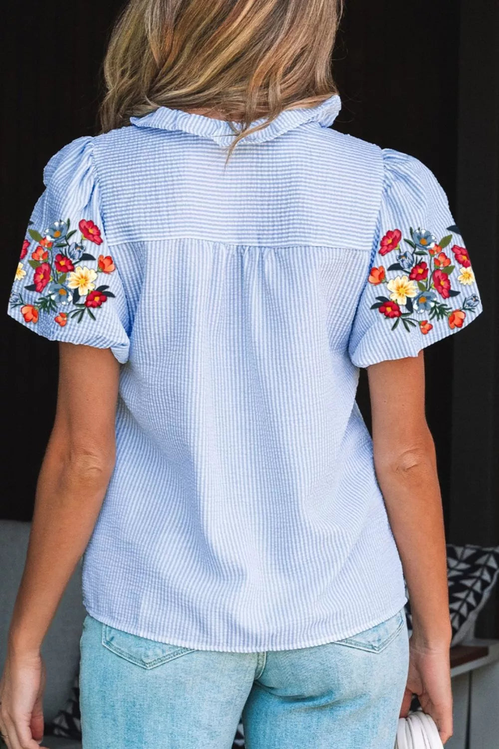 Stripe Floral Embroidered Puff Sleeve Ruffle Trim Shirt Secondary image
