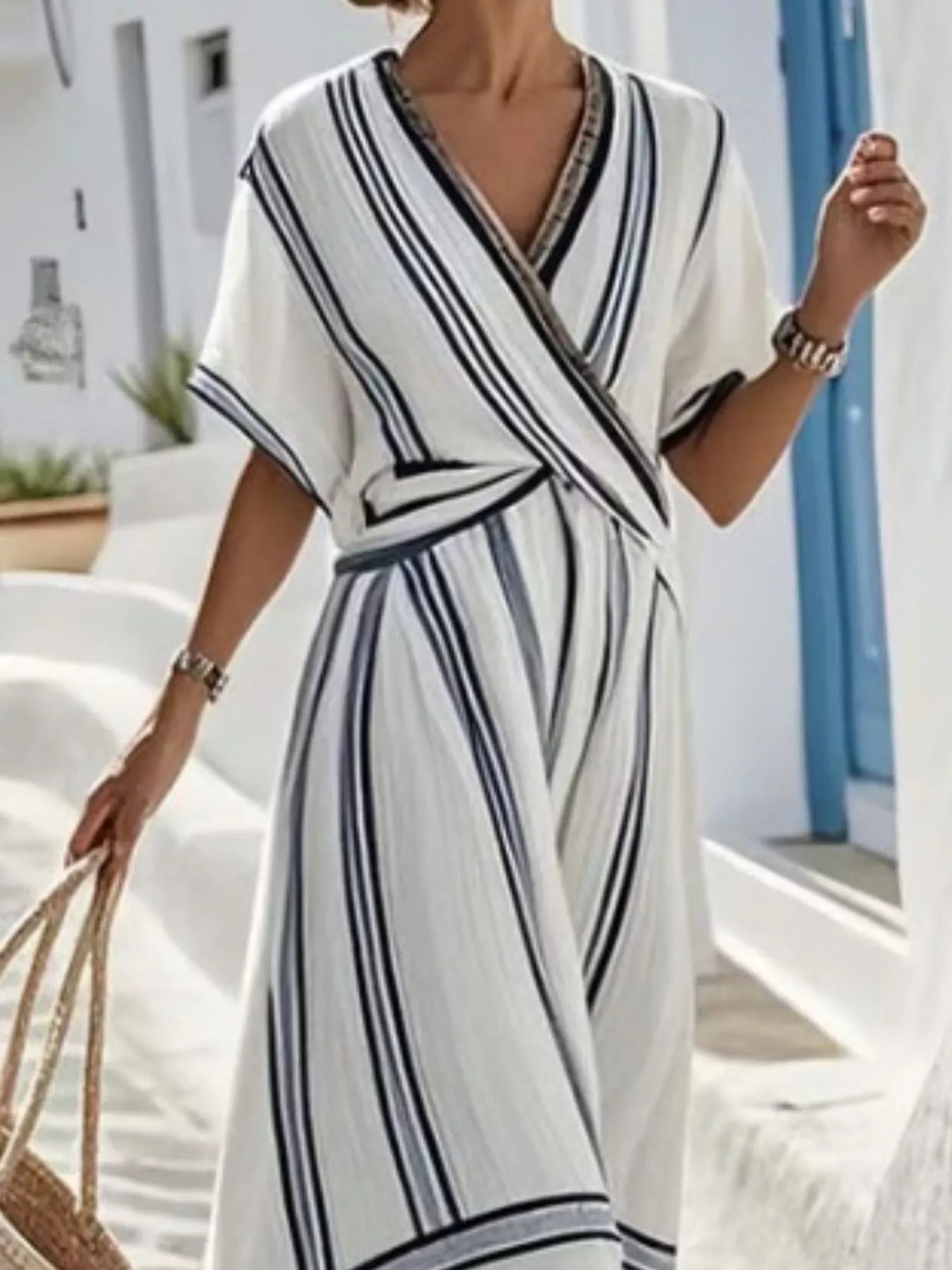 Full Size Striped Short Sleeve Wrap Maxi Dress Plus Size Secondary image