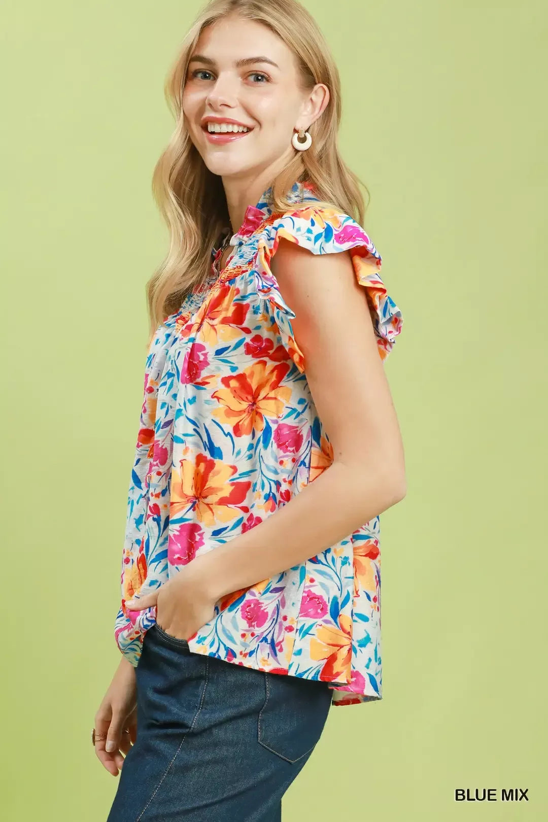 Umgee Smocked Yoke Ruffle Sleeve Floral Blouse Secondary image