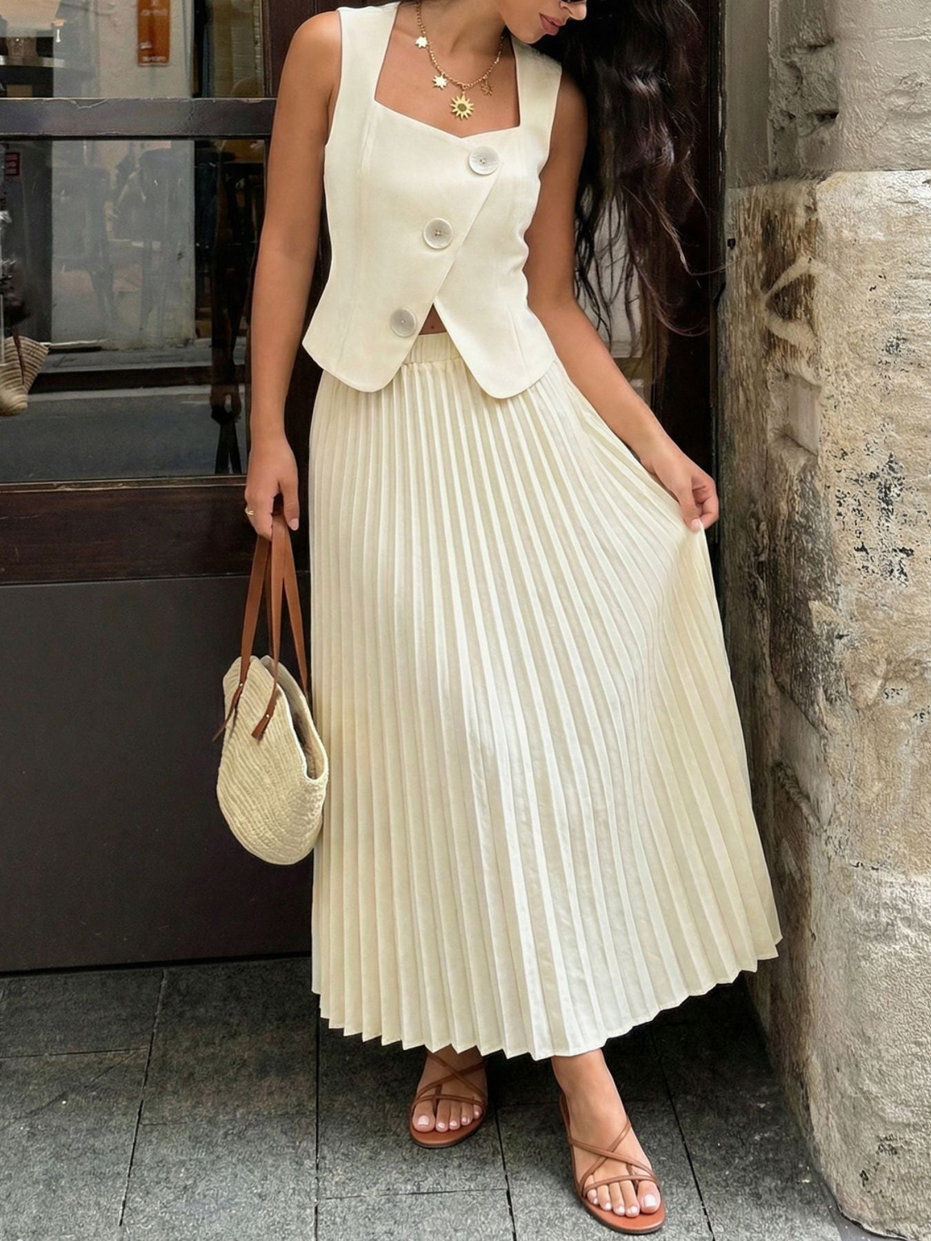 Sleeveless Vest and Pleated Maxi Skirt Set Secondary image