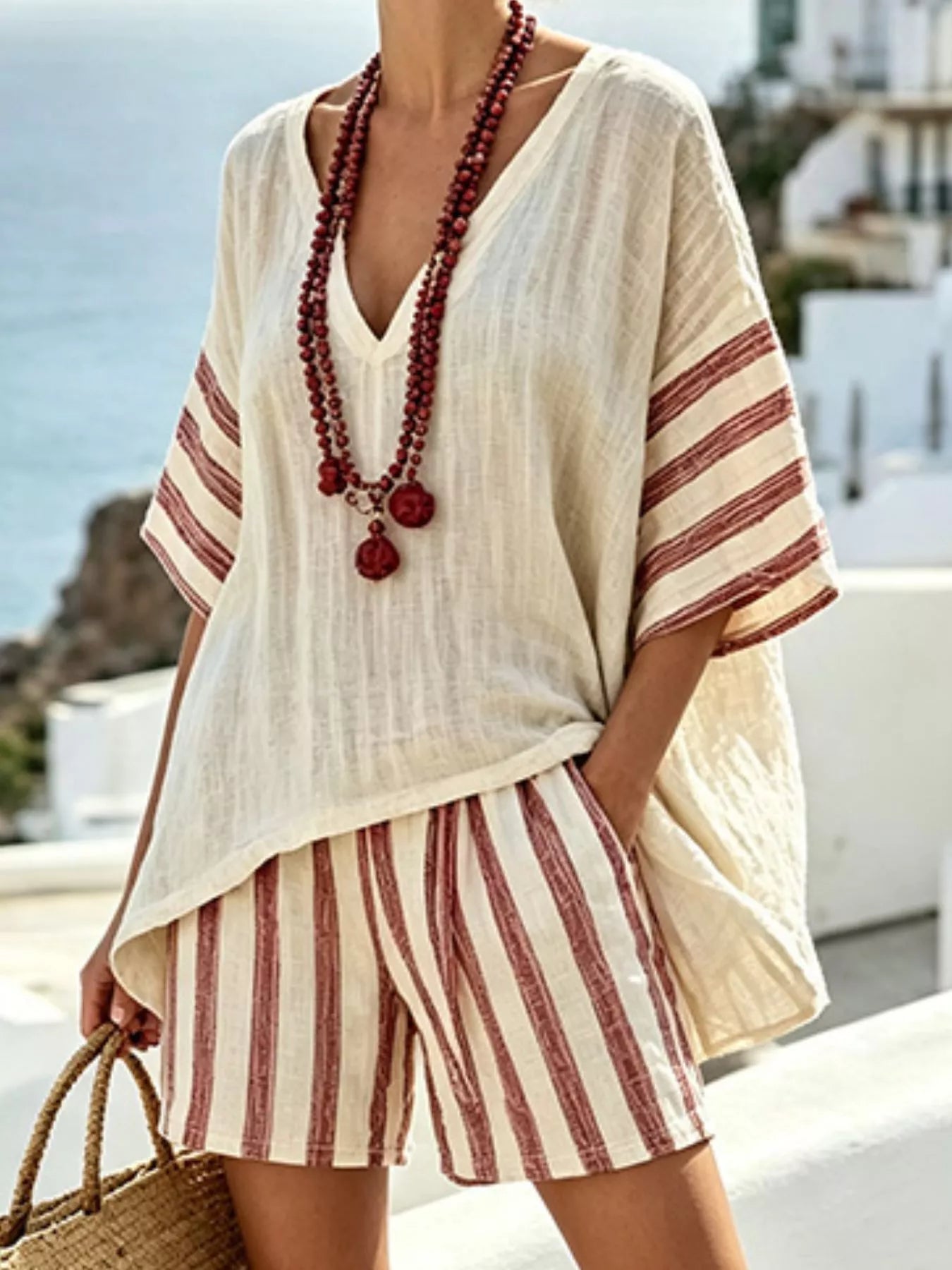 Full Size Striped 3/4 Sleeve Top and Shorts Set Plus Size Secondary image
