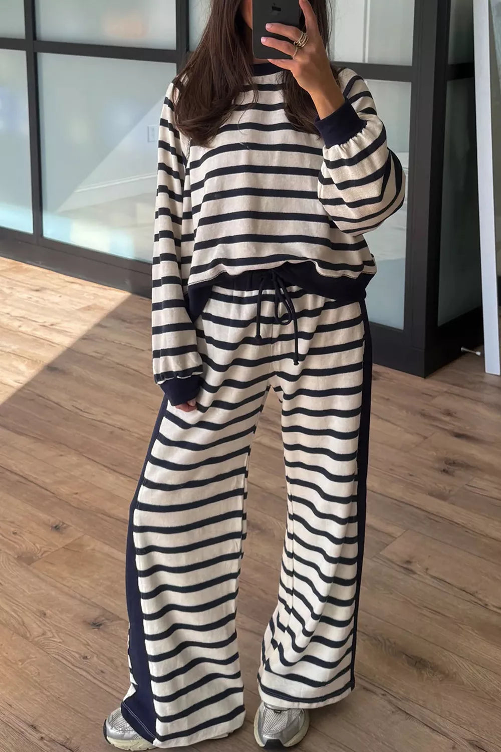 Stripe Relaxed Long Sleeve Top Color Block Detail Drawstring Pant Set Secondary image