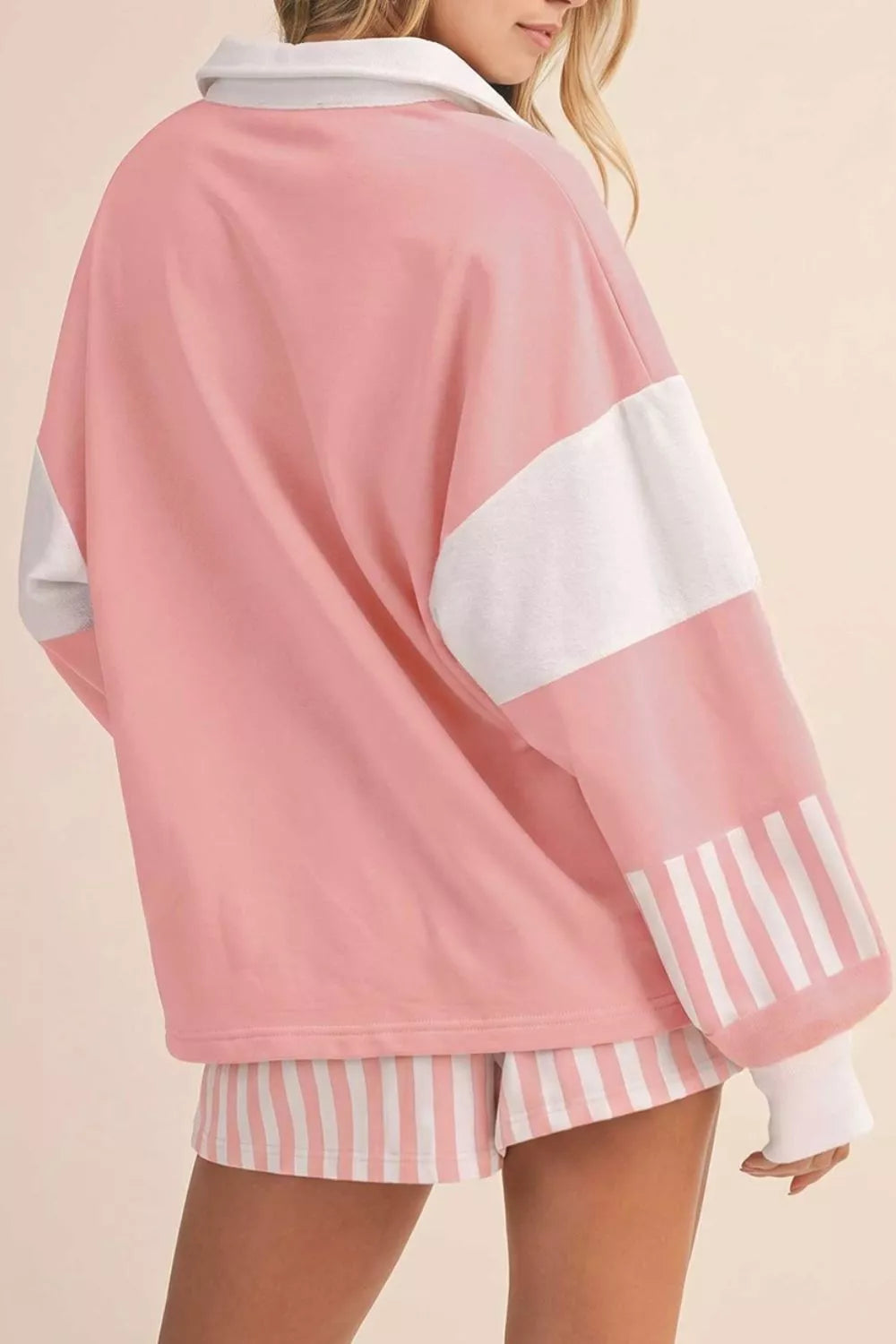 Color Block Polo Shirt and Drawstring Striped Shorts Set Secondary image