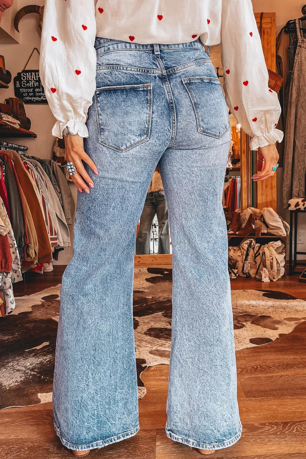 Acid Wash Pocket Detail Flare Jeans Secondary image