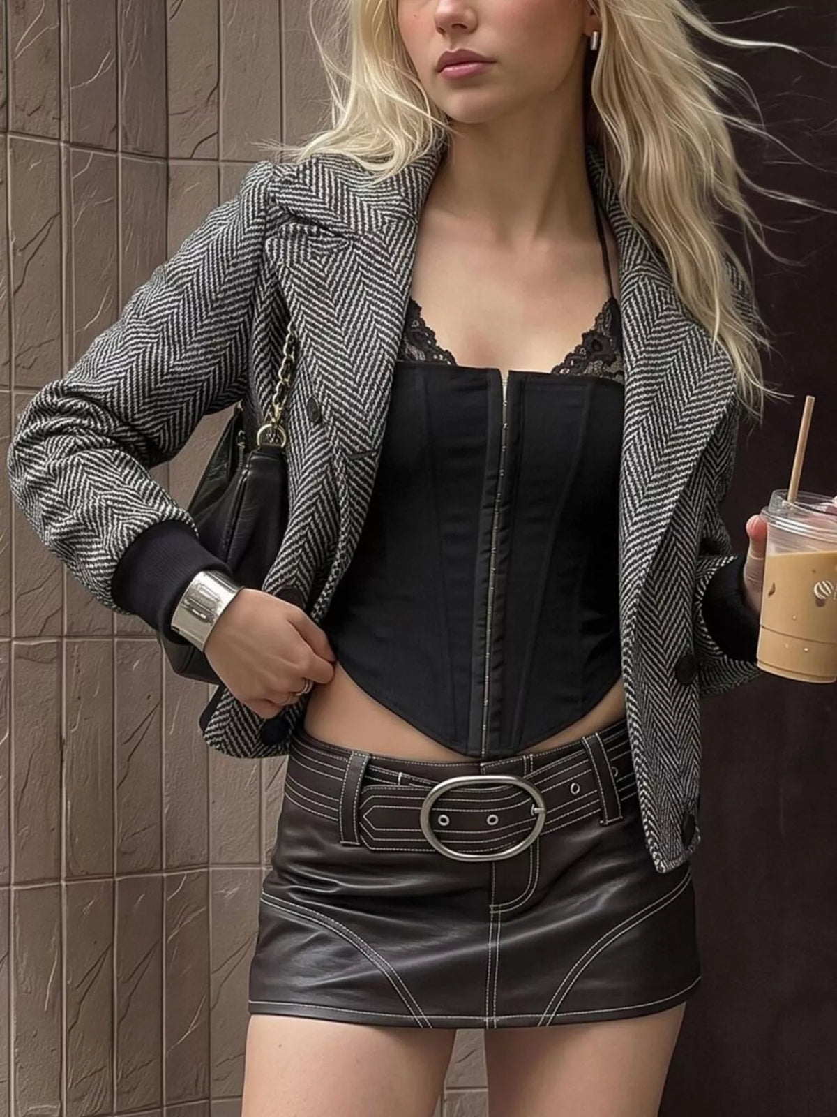 Herringbone Double-Breasted Cropped Outerwear - photo 4