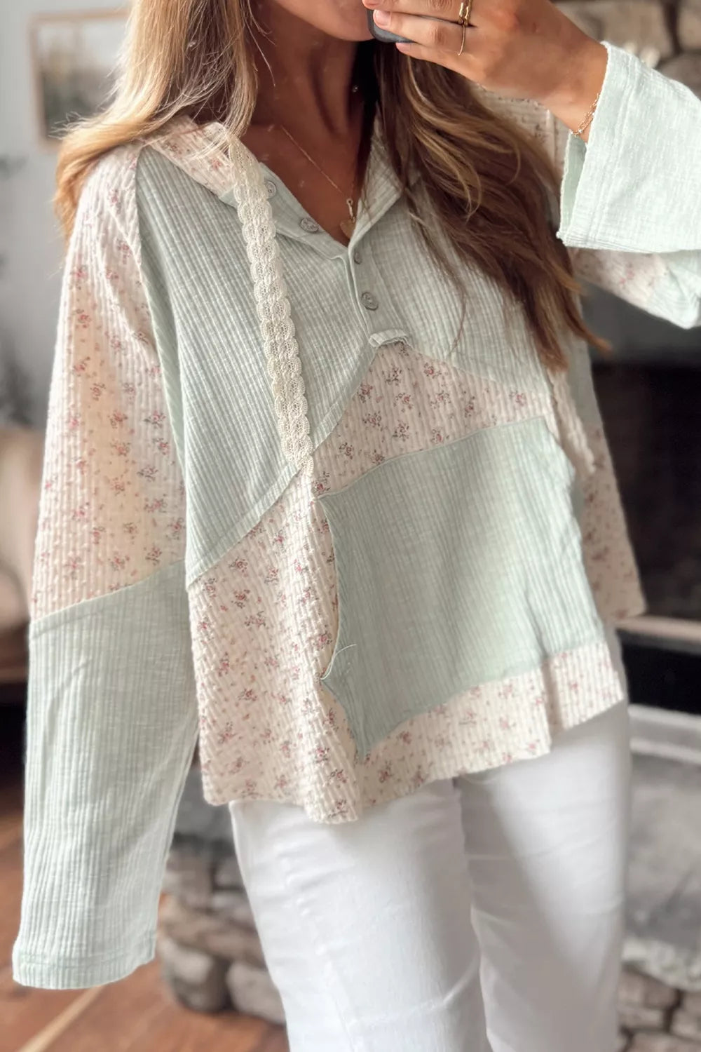 Lace Trim Floral Patchwork Button Detail Blouse Secondary image