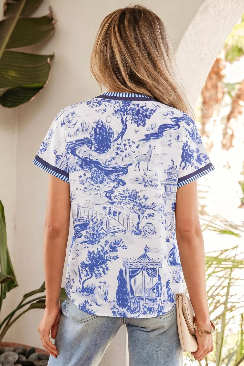 Printed Striped Trim V-Neck Blouse Secondary image
